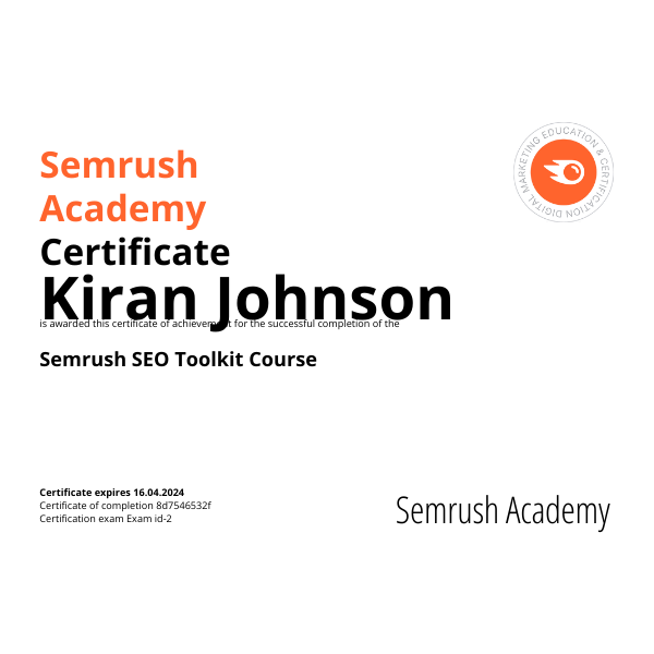 Semresh Certification - SEO Expert Kiran Johnson